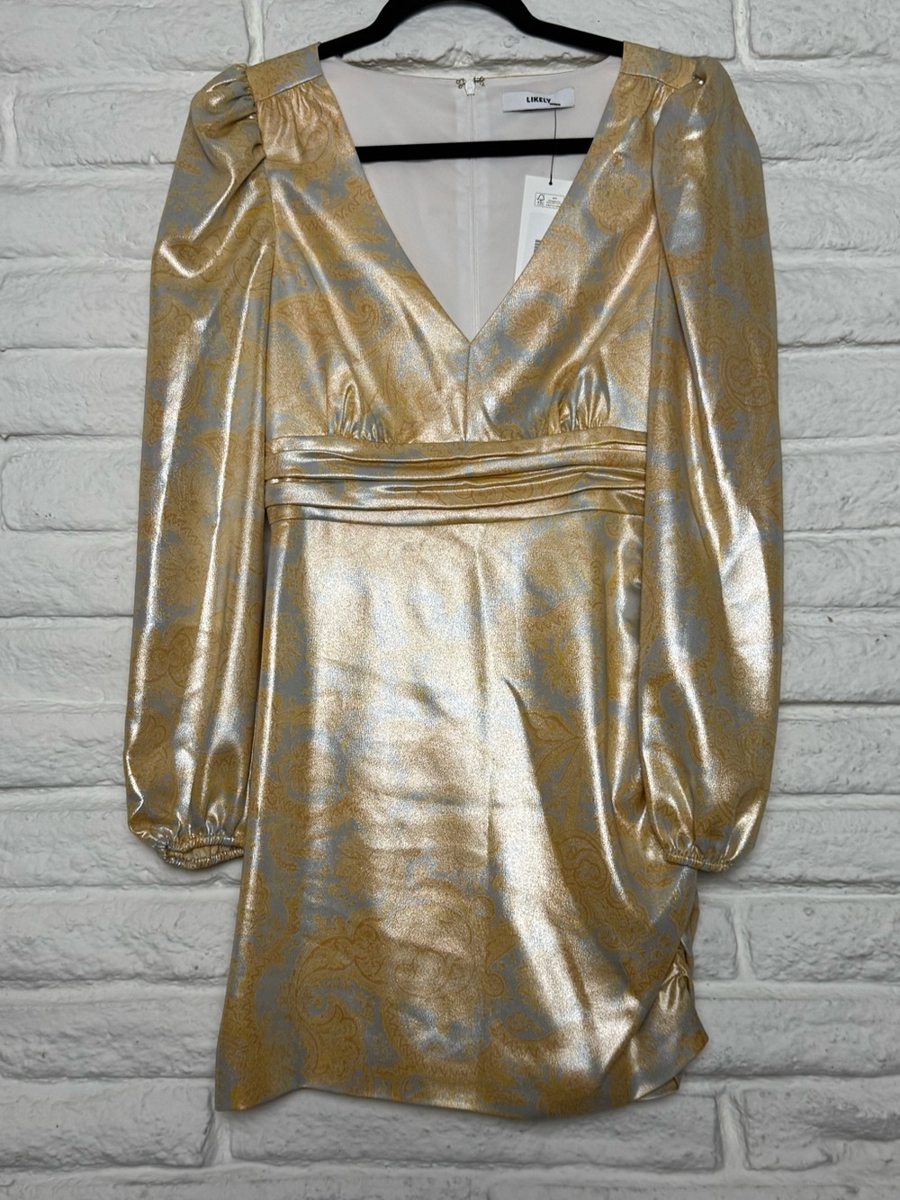 Likely Metallic Gold Jacquard V-Neck Long Sleeve Mini Dress